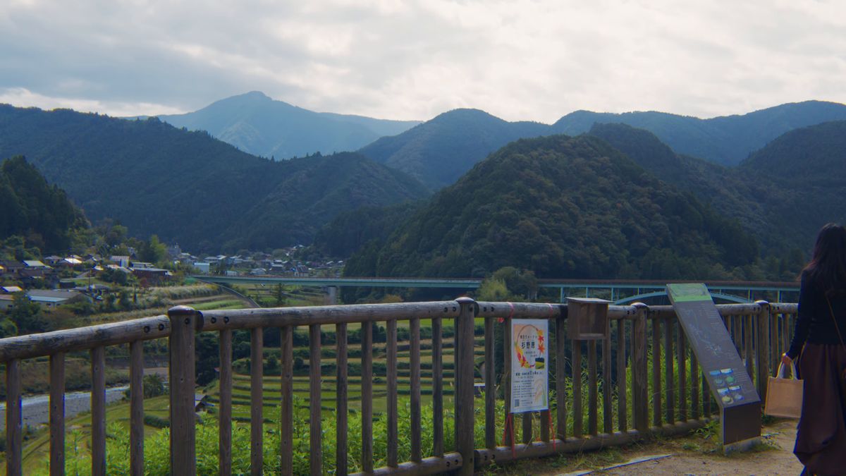 展望所の柵の向こうに広がる山並み