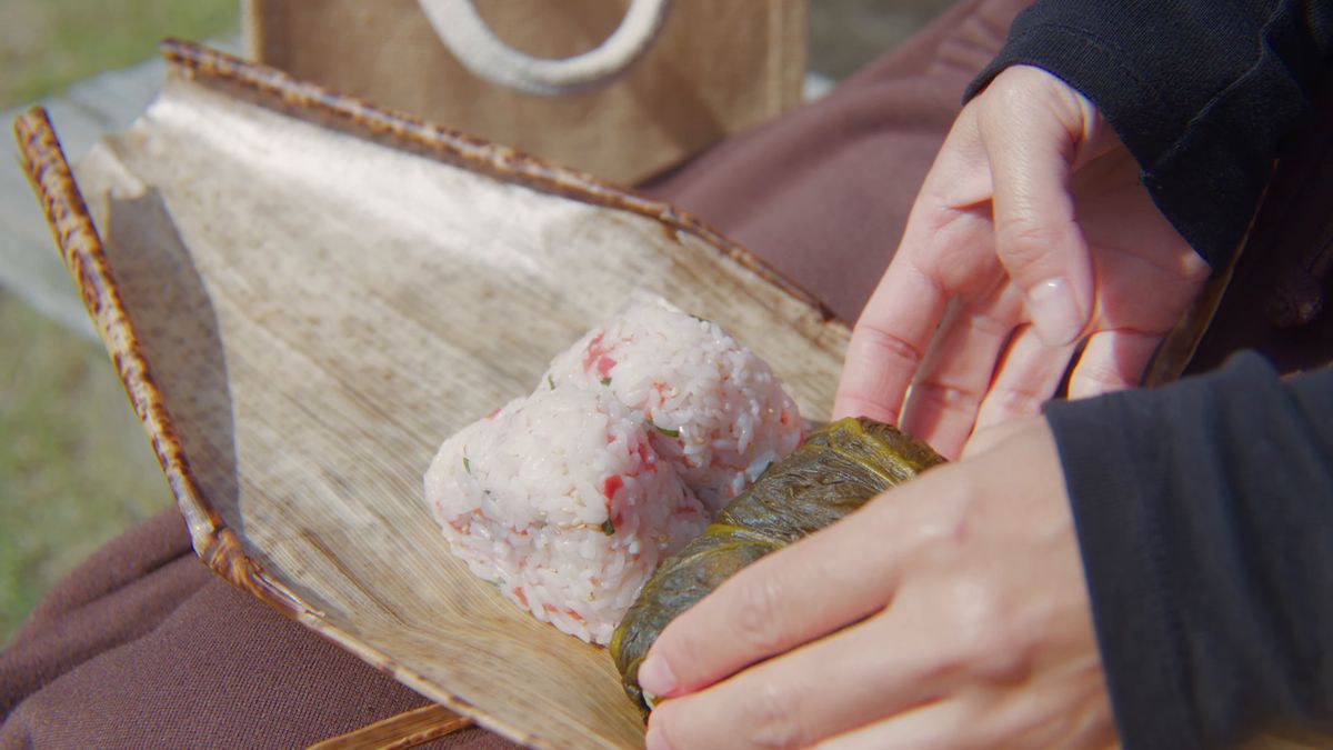 竹の皮にのった梅しそのおにぎりとめはり寿司