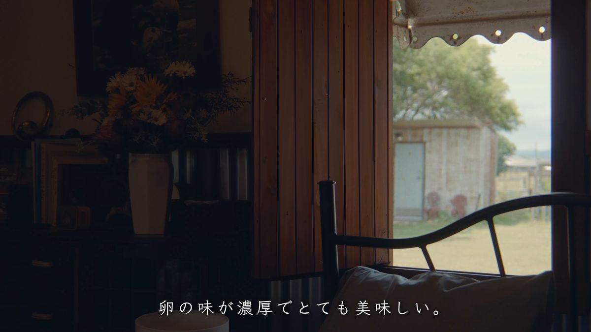 戸口の揺り椅子と、外の牧草地