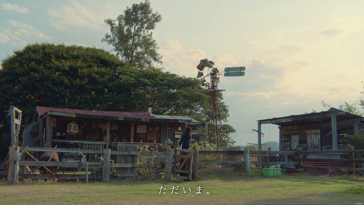 風車の立つ庭と小屋の全景