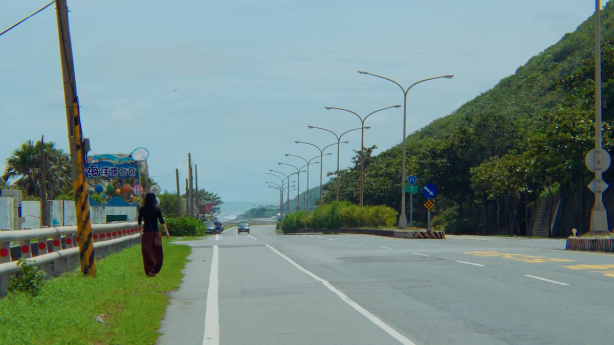 山と海に挟まれた道を歩く後ろ姿