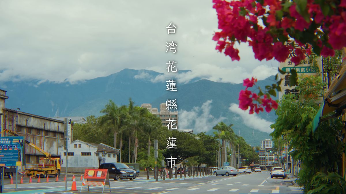 ブーゲンビリアの向こうの雲のかかる山並み