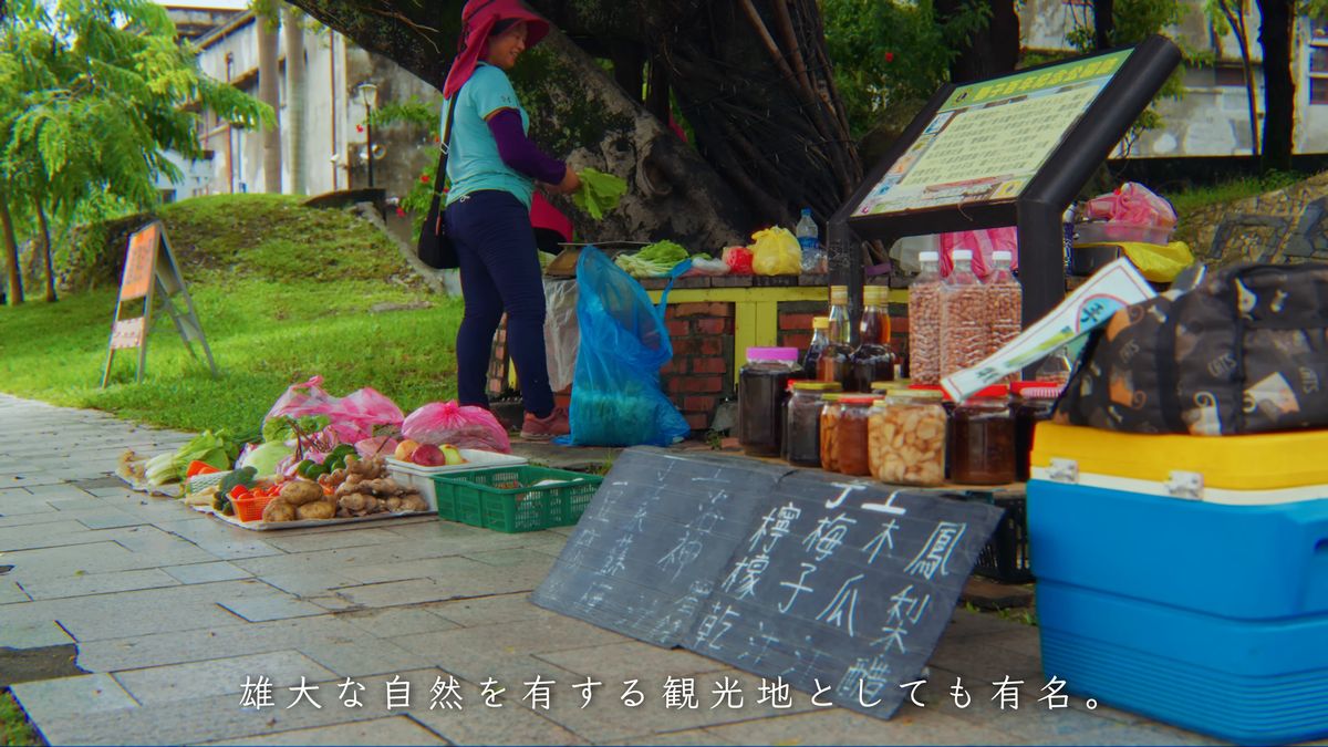 大木の木陰に野菜と瓶詰めを並べた露店