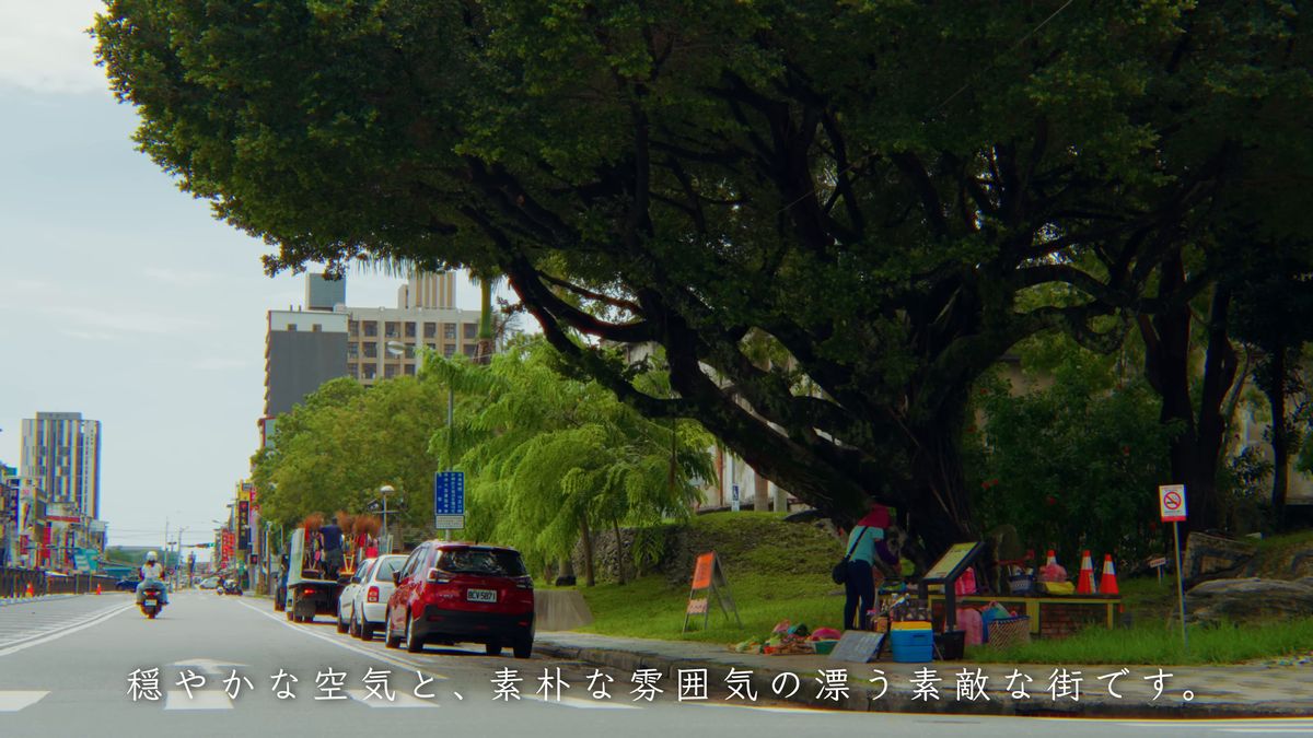 大木の木陰の露店と、路肩に止まる車