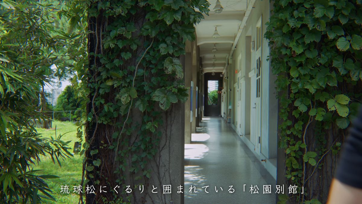 蔦の絡む柱の間からのぞく廊下