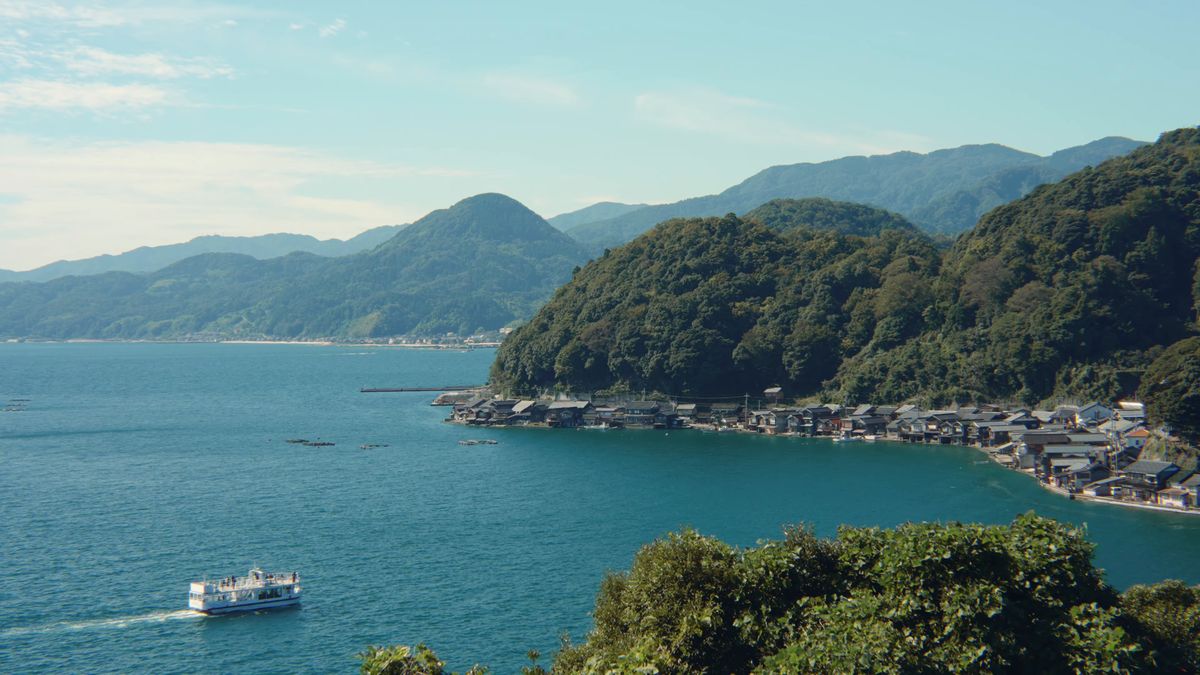 高台から見下ろす青い湾と舟屋群、横切る遊覧船