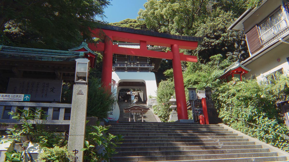 朱の鳥居と、その奥の楼門