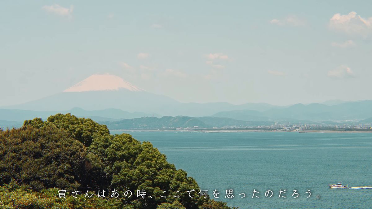 海の向こうにそびえる富士山