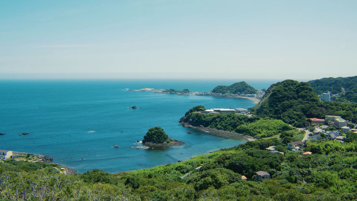 高台から見下ろす入り江と小さな島