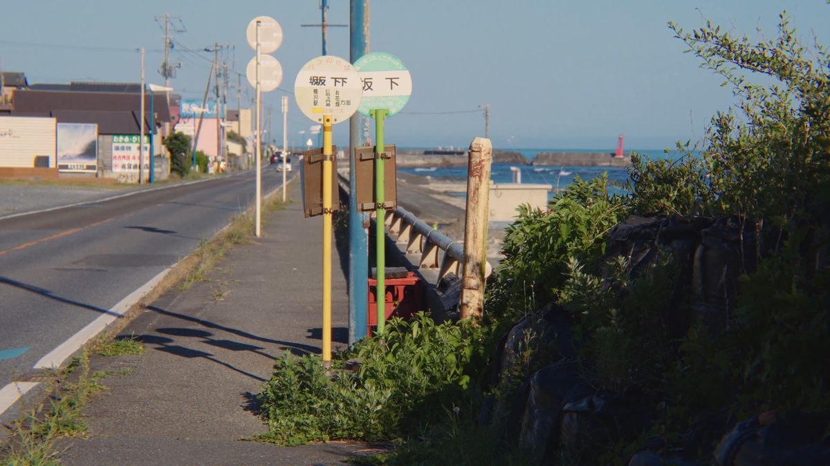 海沿いの道に立つバス停