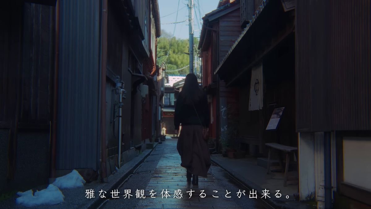茶屋街の細い路地を歩く後ろ姿
