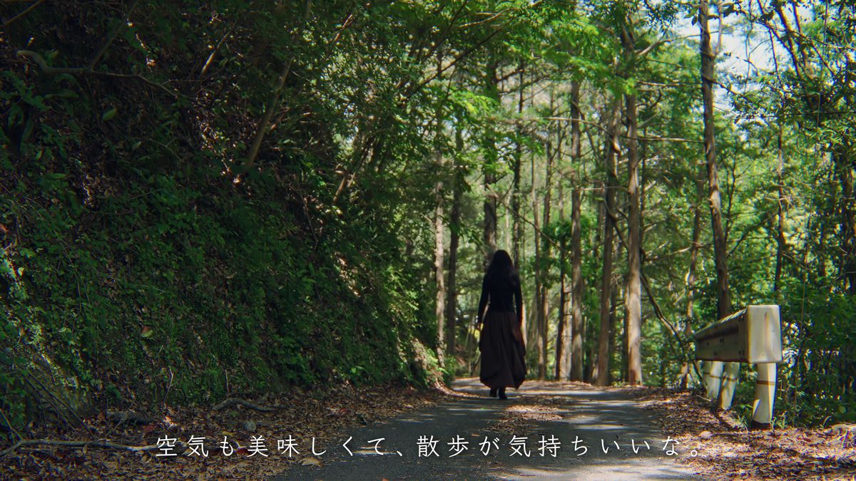 木立の道を歩く後ろ姿