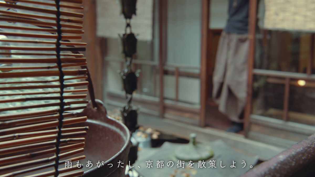 すだれ越しに見る、雨に濡れた坪庭