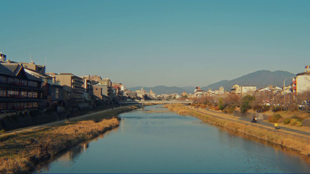 午後の日差しを受ける鴨川と、川沿いの町並み