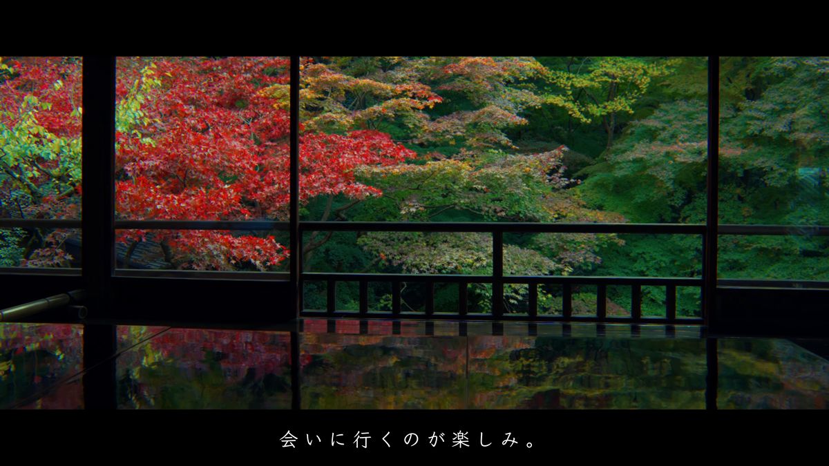 紅葉が映り込む、座敷の黒い卓