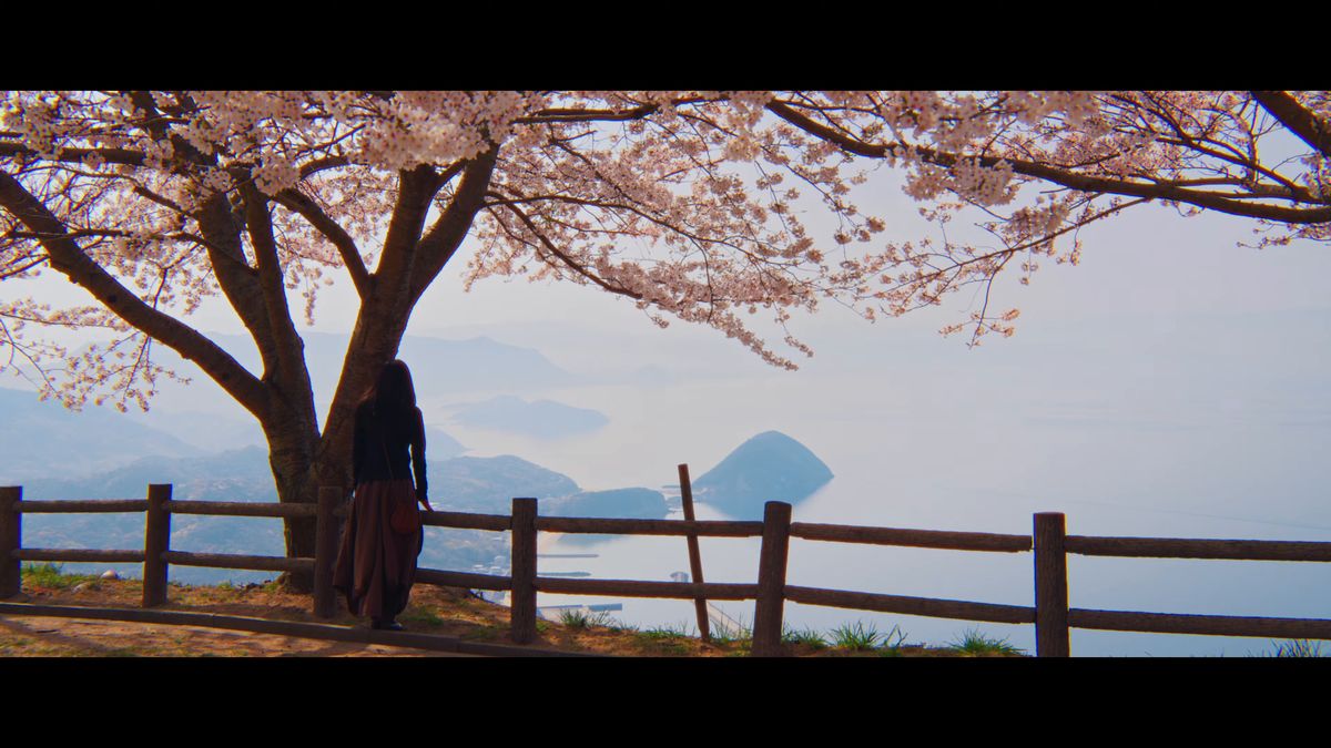 桜の木の下から、島々の浮かぶ海を眺める後ろ姿