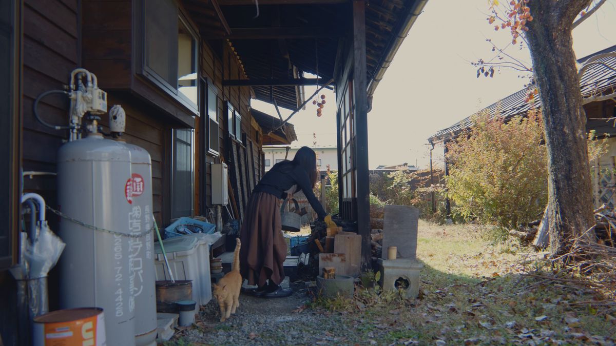 家の脇で薪を抱える後ろ姿と茶トラの猫
