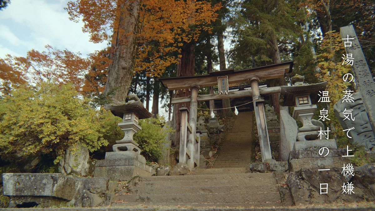 紅葉に囲まれた神社の鳥居と石段