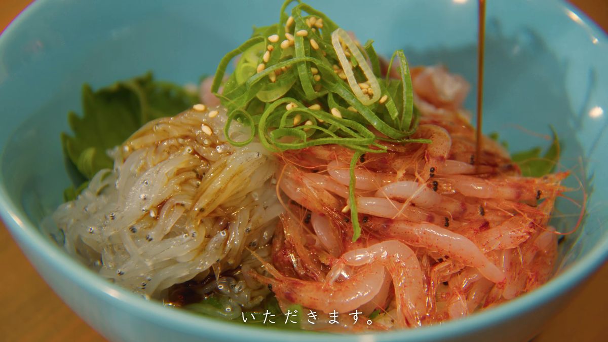 醤油をかけた沼津丼の寄り、生しらすと桜えびと青ねぎ