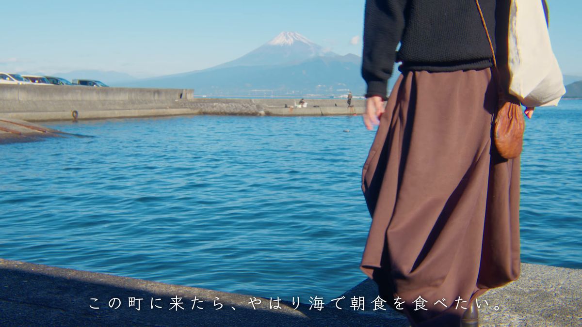 袋を提げて防波堤沿いを歩く、海と富士山