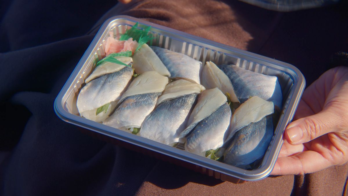 膝の上の「あじ寿し」のパック