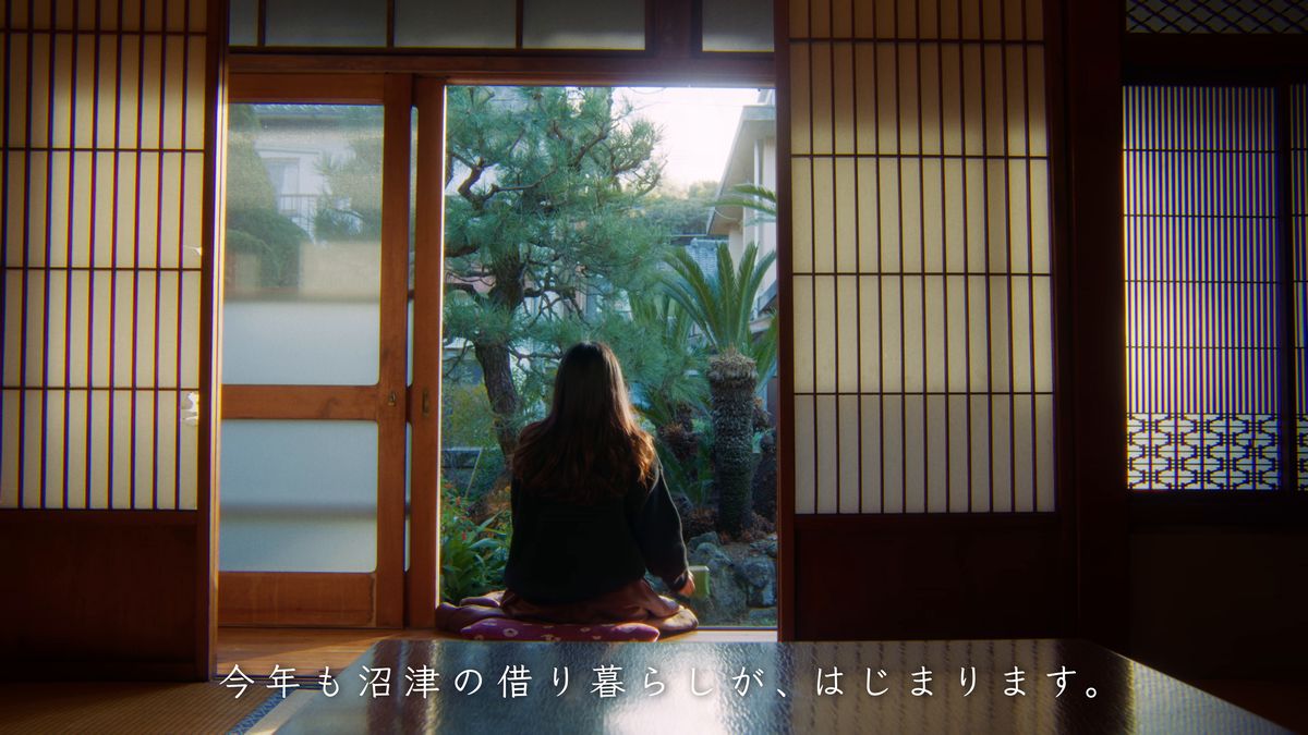 庭の松を眺めて座る後ろ姿と障子