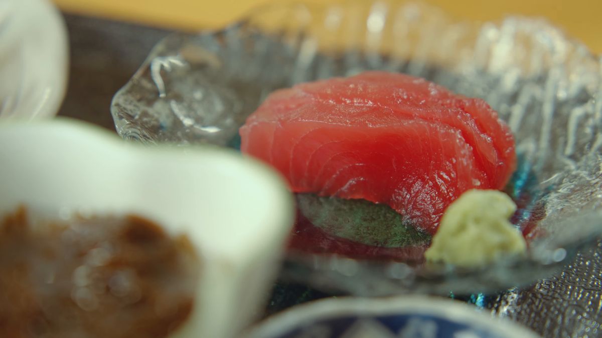 Tuna sashimi and wasabi on a bed of ice