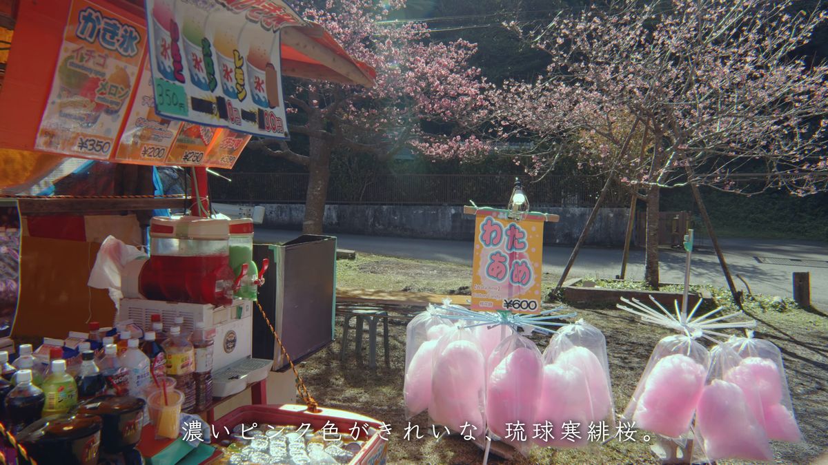 綿あめの袋とかき氷の旗が並ぶ出店