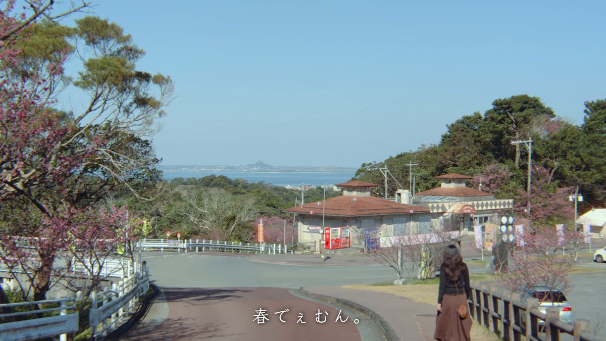 桜越しに海を見下ろす山道