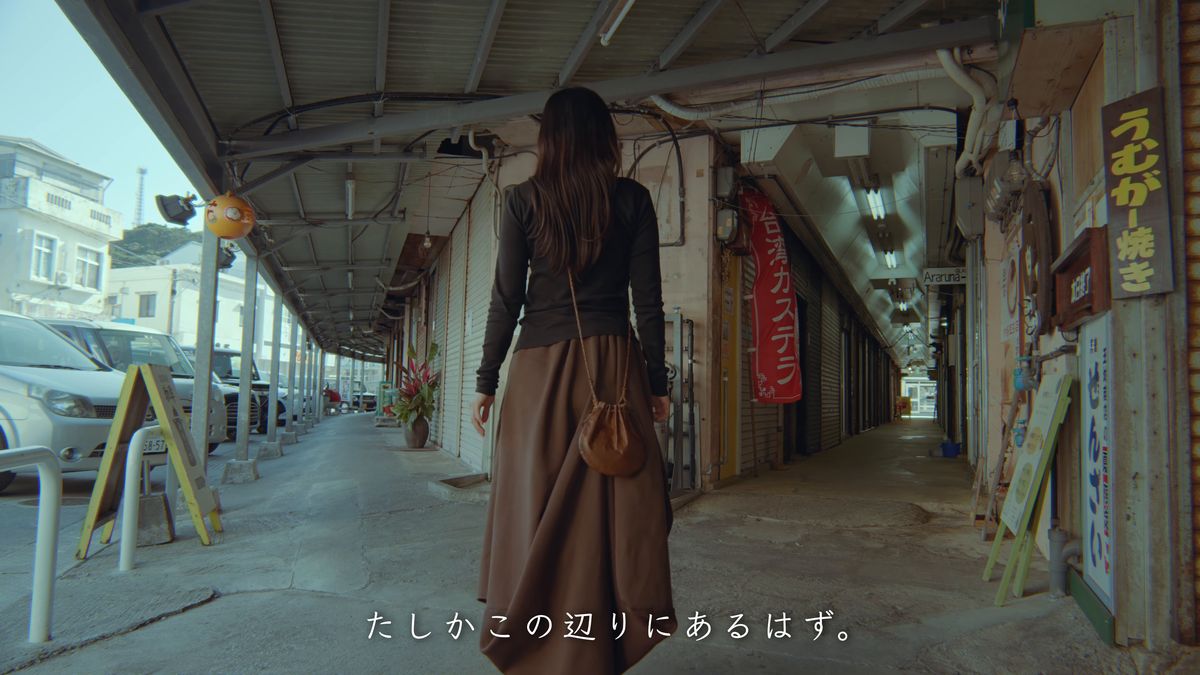 シャッターの並ぶアーケードを歩く後ろ姿