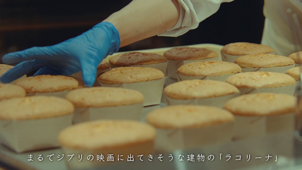 焼き型に入ったカステラを並べる手袋の手