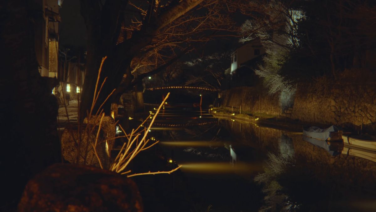橙色の灯りに照らされた夜の八幡堀