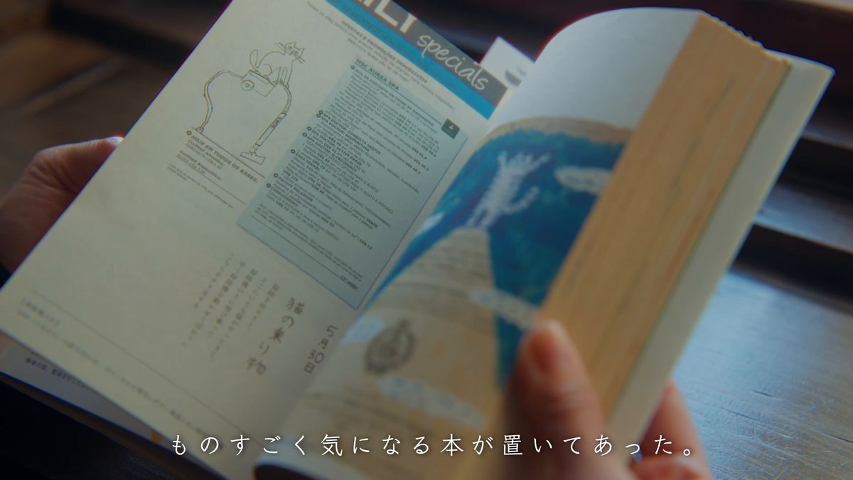 青い猫の絵のページをめくる手元