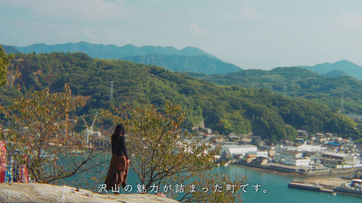 坂の上から尾道水道と町並みを見下ろす後ろ姿