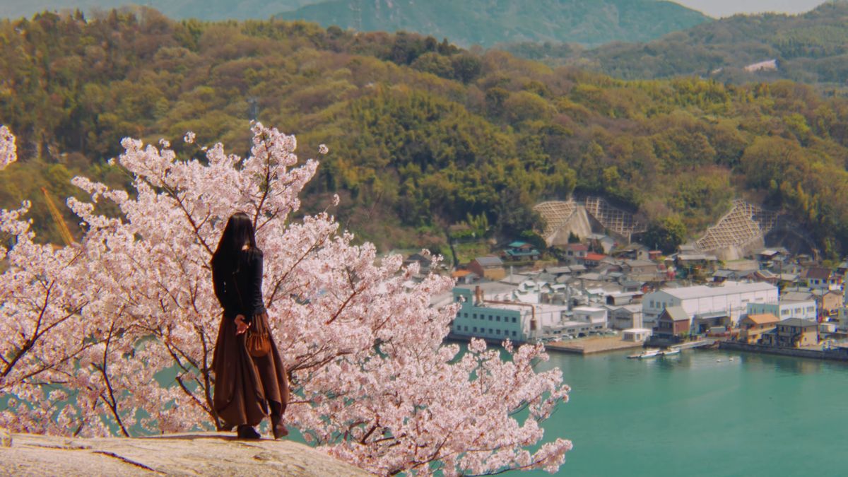 満開の桜の下から尾道水道を眺める後ろ姿
