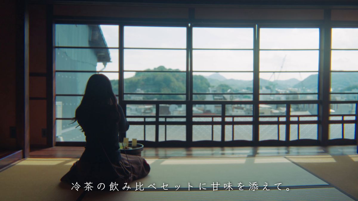 畳の間から海を眺める後ろ姿