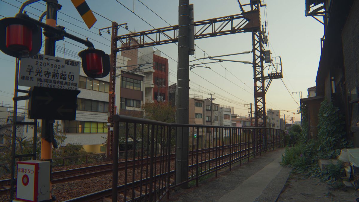 線路沿いの道と踏切の信号機