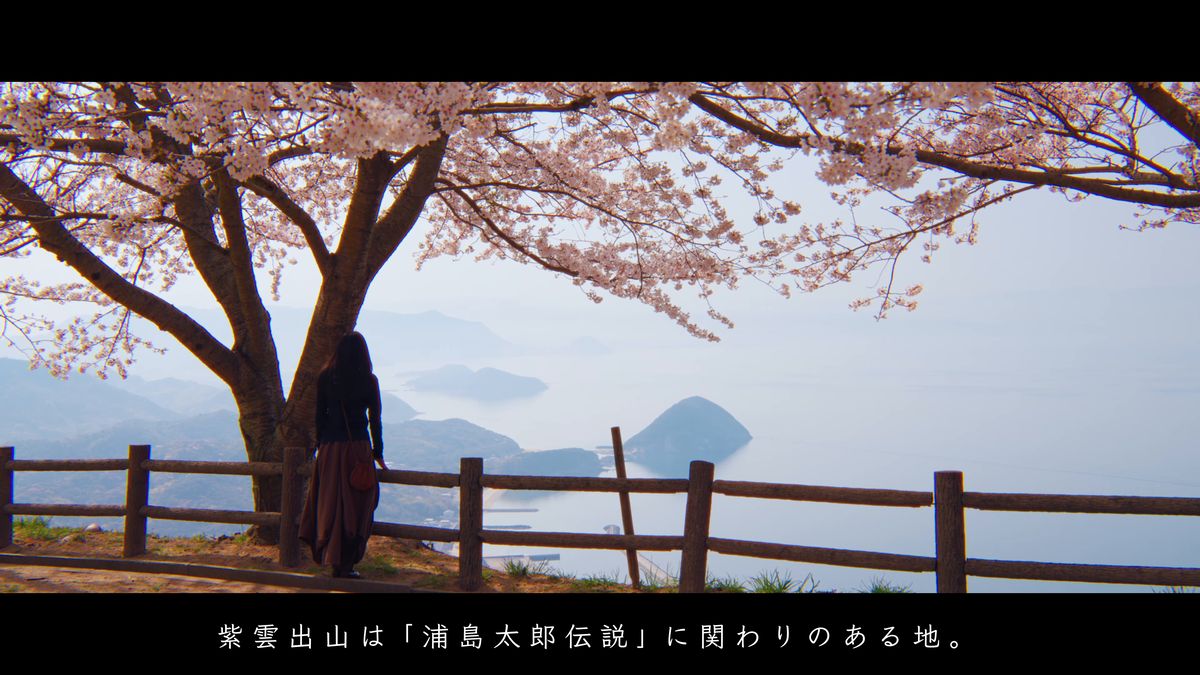 桜の木の下で柵にもたれ、島々を眺める