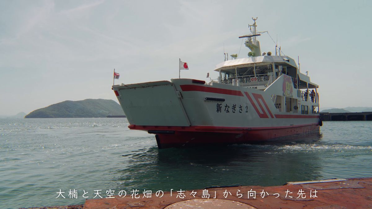 赤いラインのフェリーが港に入ってくる