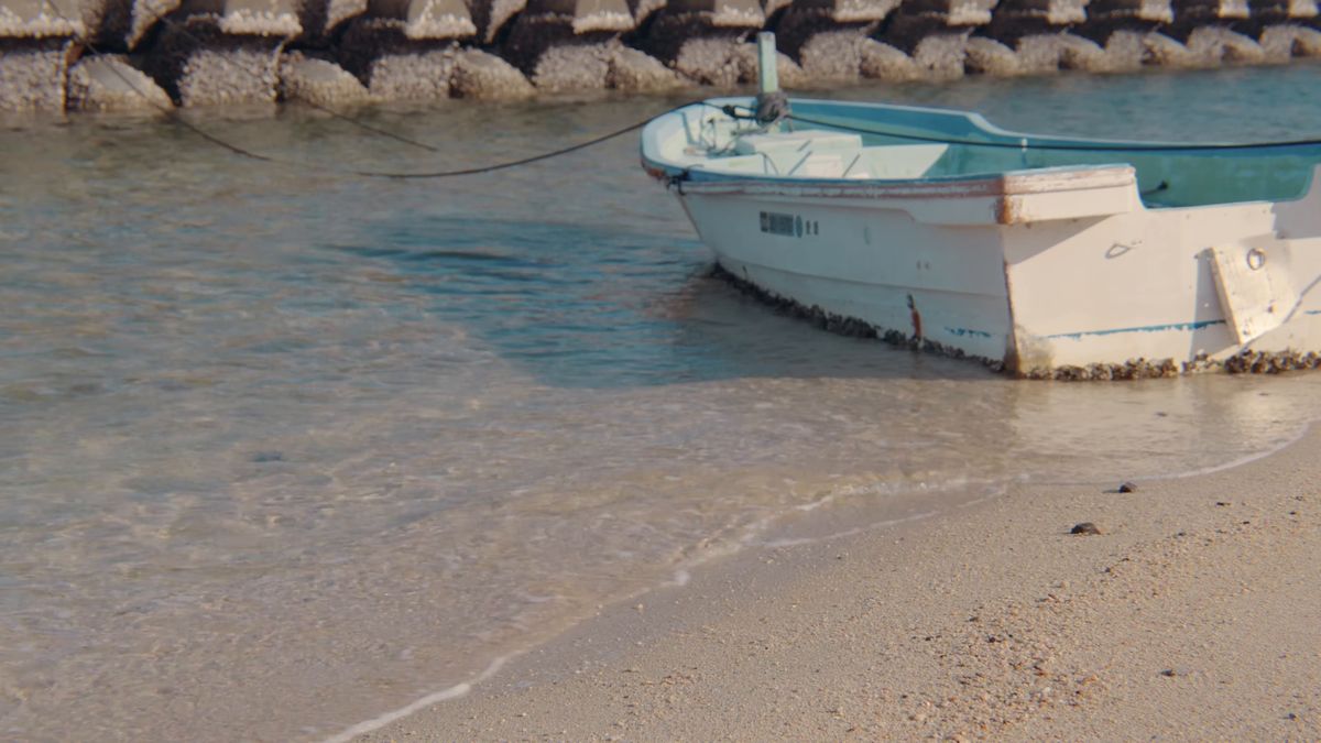 浜に引き上げられた白い小舟