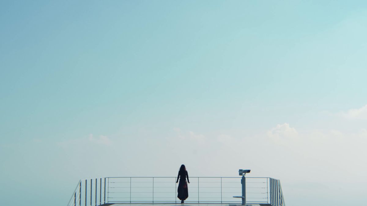 展望台の柵の端に立つ人影と広い空