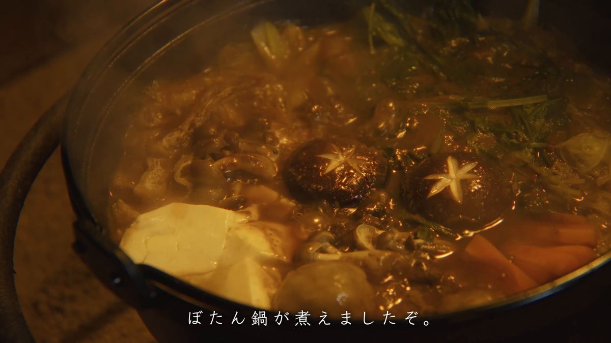 煮上がったぼたん鍋の肉と野菜、椎茸
