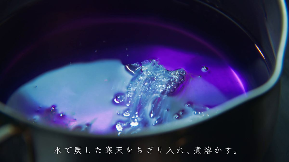 紫色の煮汁に寒天をちぎり入れる