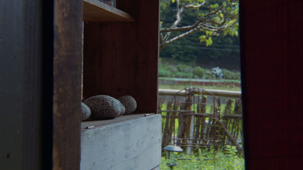 縁側の棚に並ぶ丸い石と、その先の田んぼ