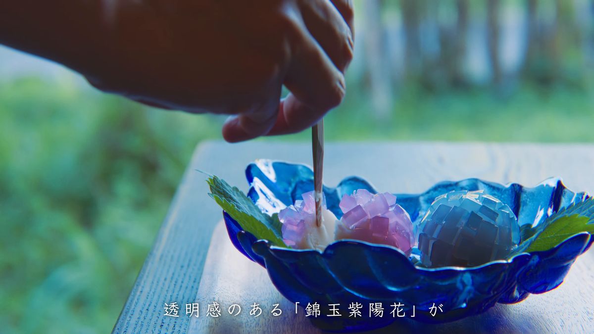 楊枝で錦玉紫陽花を取る手元
